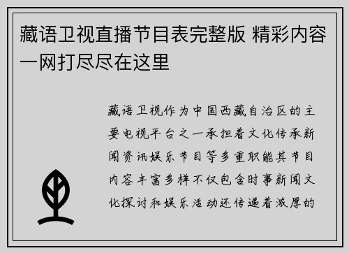 藏语卫视直播节目表完整版 精彩内容一网打尽尽在这里